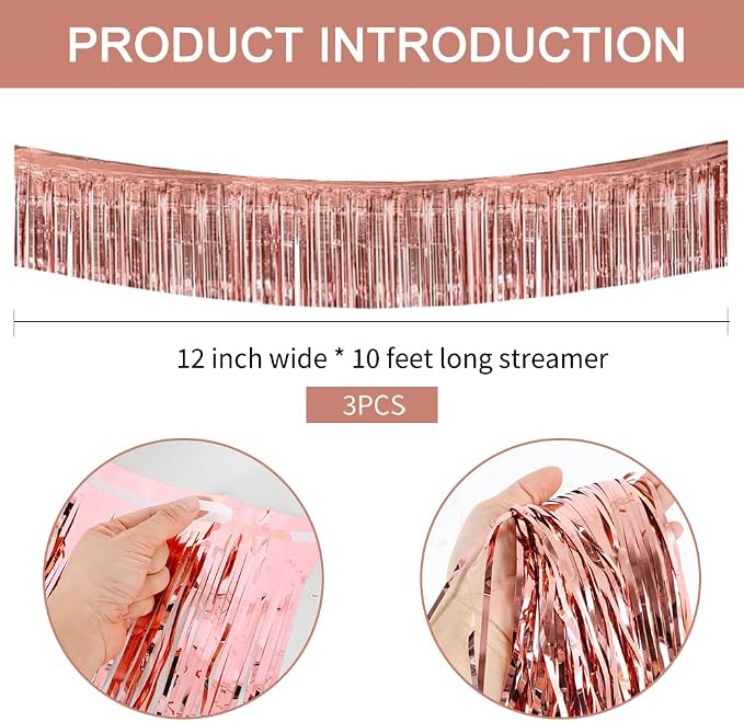 BEISHIDA Rose Gold Fringe Garland Banner 30ft Wall Tinsel Foil Streamers | 3Pack - Image 2