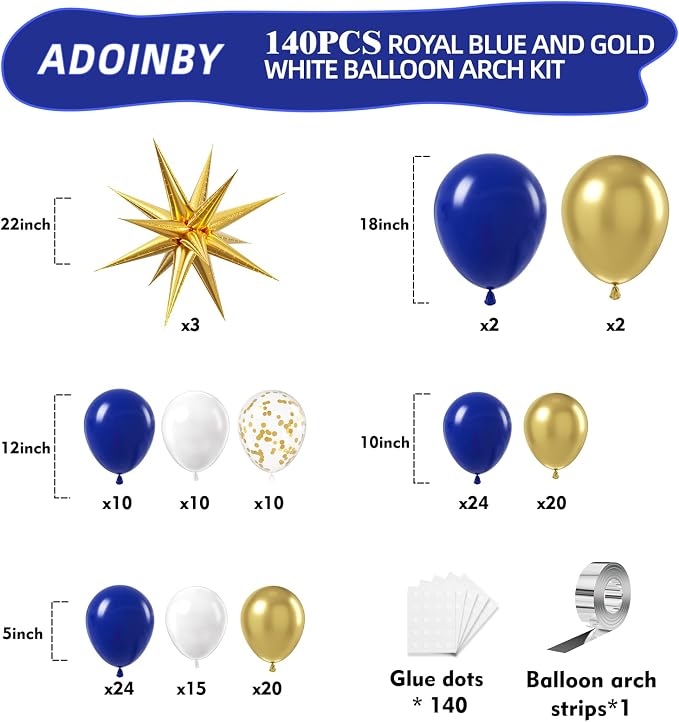 Blue and Gold Balloon Arch Kit, Explosion Star Royal Dark Blue and Metallic - Image 2