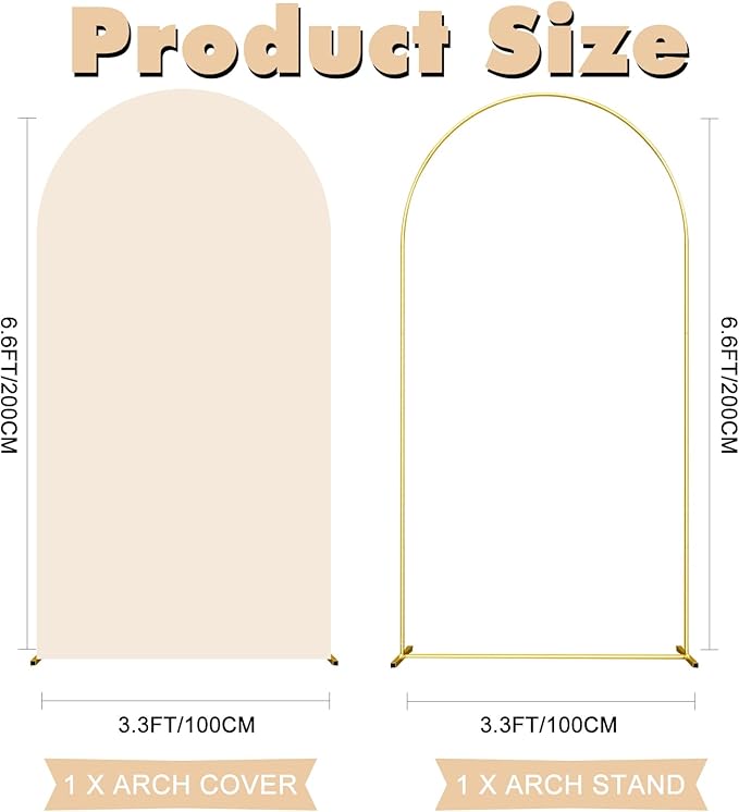 6.6FT Wedding Arch Backdrop Stand and Beige Arch Cover, Beige Spandex Fitted Backdrop Cover and Gold Wedding Arch Frame for Birthday Party Wedding Ceremony Bridal Baby Shower, Parties Decoration.