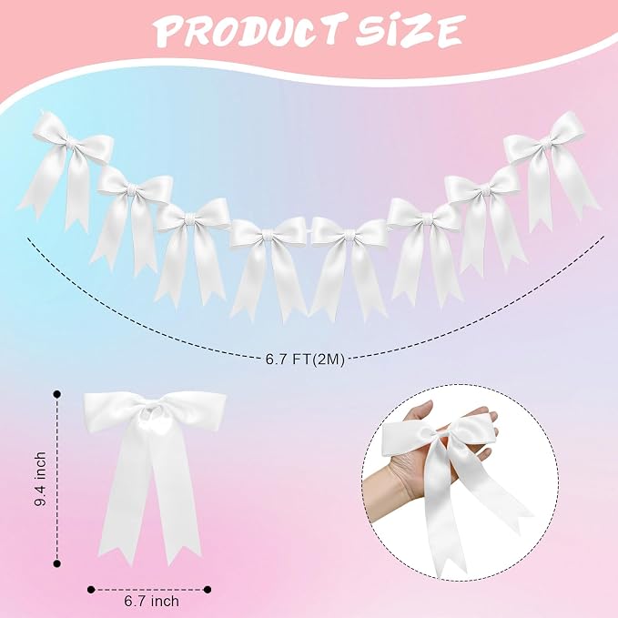 1 String of 8PCS White Bow Garland Banner Decoration, Pre-Strung Satin Ribbon - Image 2
