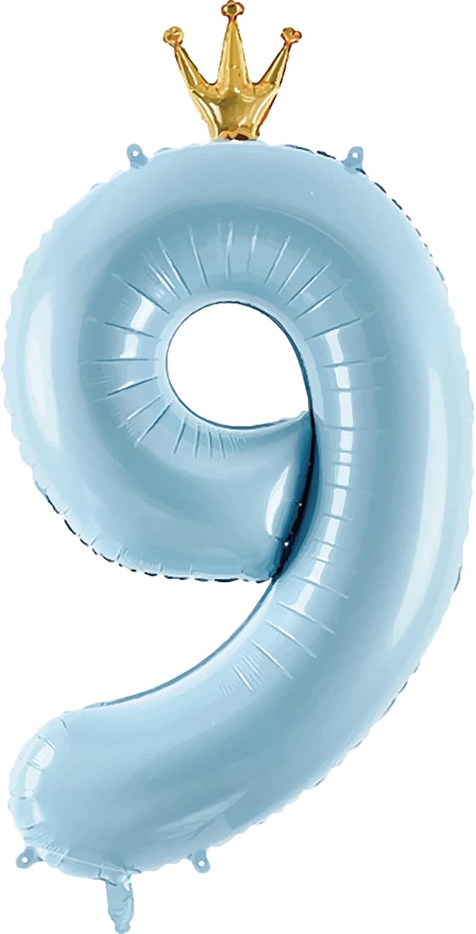 Number 9 Foil Balloon with Crown, 40-Inch Light Blue | Light blue number 9 foil by GifloonOfficial