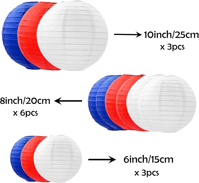 ZOOYOO Red Blue White Paper Lanterns, July 4th Party Round Hanging Paper - Image 2