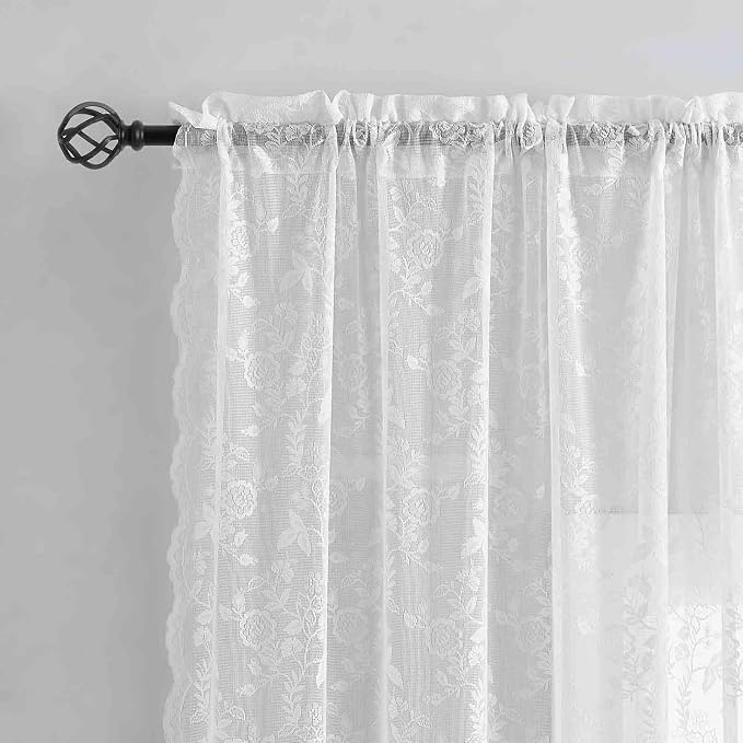 FINECITY White Lace Curtains Rustic Leaf Floral 42 x 84 Inch, 2 Panels | Rod - Image 4