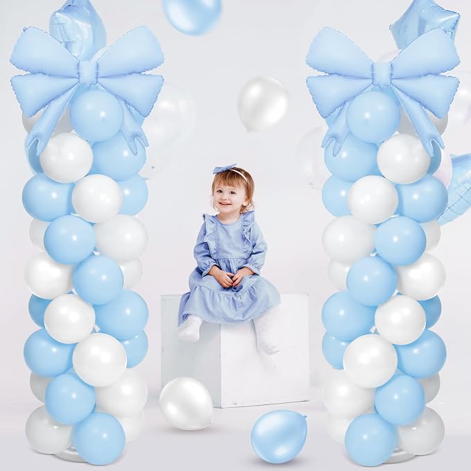 2 Sets Light Blue White Bow Balloon Column Stand Kit Includes 2 Bows & 100 - Image 3