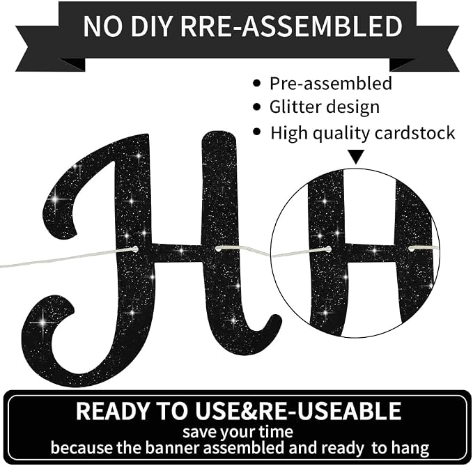 BEISHIDA Glitter Black Happy Birthday Banner Party Decoration NO DIY, 10Feet | - Image 2