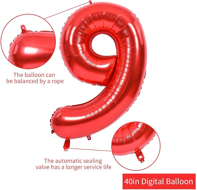 TONIFUL 40 Inch Red Number 9 Balloons Large Foil 9th Birthday Decorations | Red - Image 2