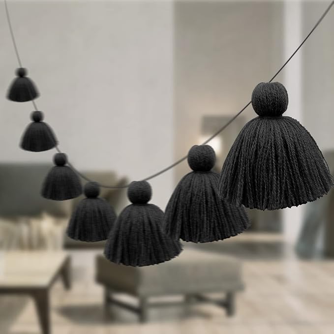 Big Size Tassel Garland H3.1in Polyester Yarn Black Pom Pom Tassel Banner - Image 2