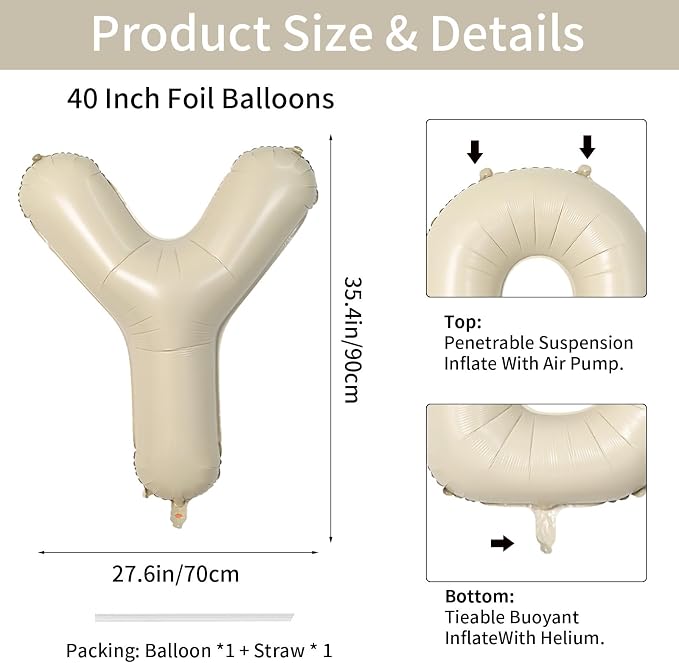 Biapian 40 Inch Giant Cream Y Foil Balloon, Large Aluminum Y Balloons Helium - Image 2