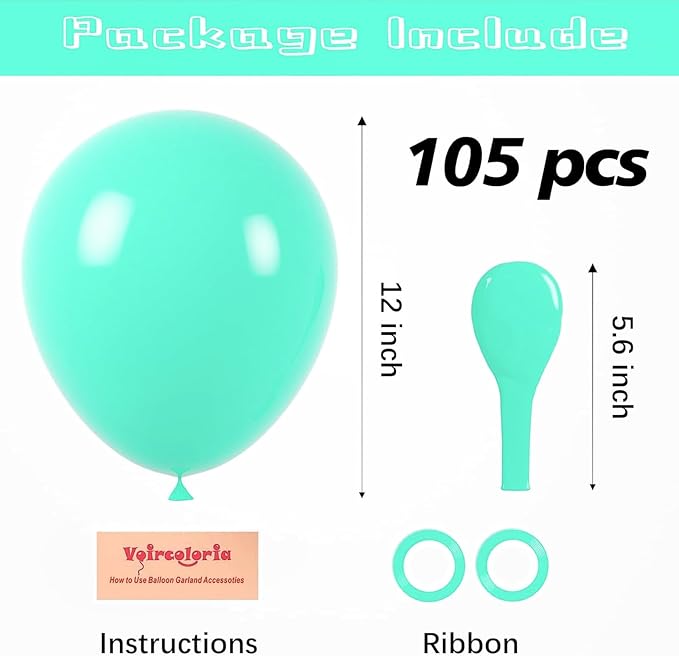 Voircoloria 105pcs Teal Party Latex Balloons, 12inch | - Image 2