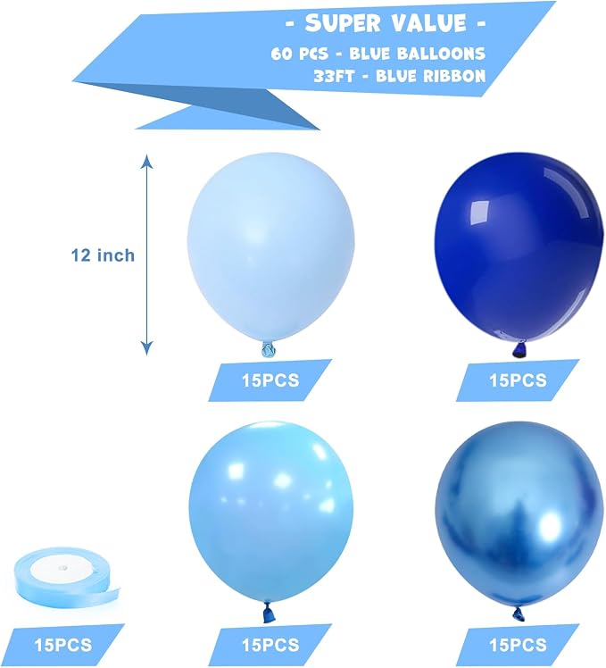 KBZVNAF Blue Latex Balloon Set 60 Packs 12 Inch | Metallic Chrome, Pastel Baby - Image 2