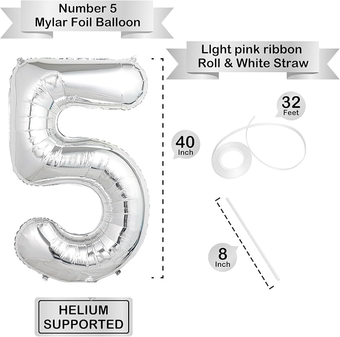 40 Inch Silver Number Balloons, Helium Mylar Foil Number Balloons - Image 3