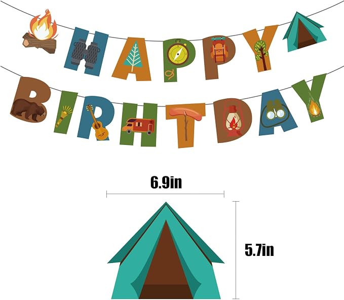 Camping Birthday Party Decoration Kit Banner Cake Topper Happy Camper Party - Image 2