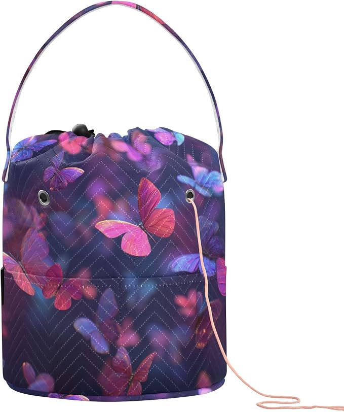 Purple Red Butterfly Yarn Bag Small Crochet Bag Drawstring Yarn Storage by Tatenale