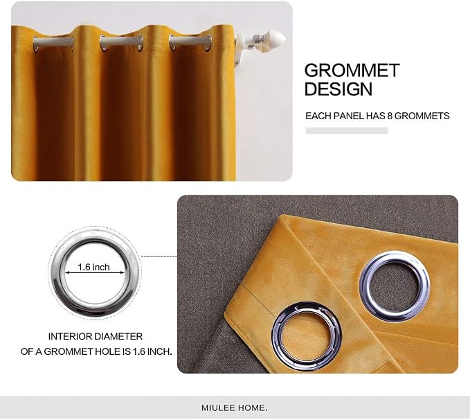 MIULEE Velvet Curtains Mustard Yellow 52 x 72 Inch Length Set of 2 | Grommet - Image 2