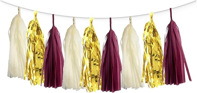 15PCS Burgundy Maroon Gold Beige Party Tissue Tassel Garland Hanging Banner by ALLHEARTDESIRES
