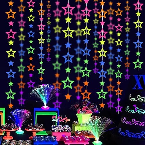 126feet UV Paper Garland Hollowed Star Neon Streamers Black Light Decorations Glow Party UV Reactive Party Favors Glow in The Dark Supplies and Decorations Wedding Birthday Banner - Image 3