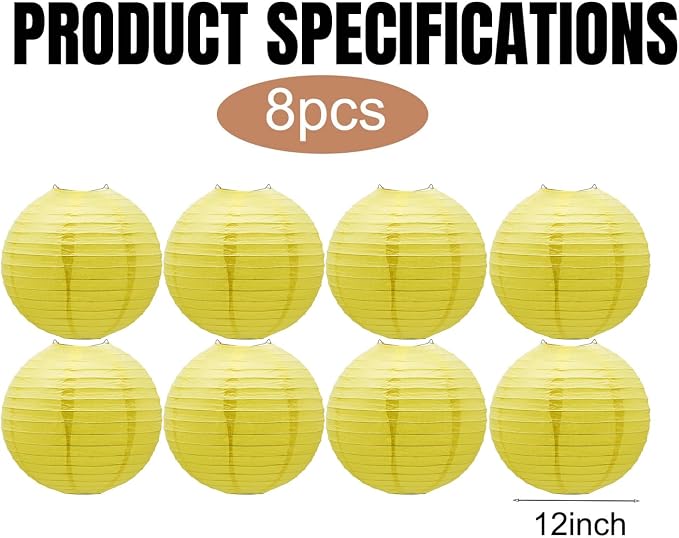 Yellow Paper Lanterns Hanging Chinese Japanese Round Lanterns 8 PCS 12 in | - Image 2