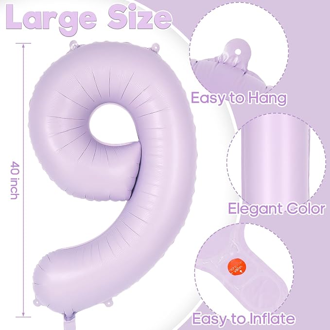 Light Purple Number 9 Balloon, 40 Inch Big Large Foil Helium Number Balloons - Image 3