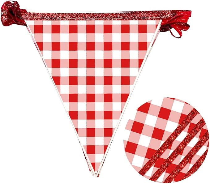 Red Buffalo Plaid Party Decorations Pennant Banner Flag Hanging Red Glitter - Image 3