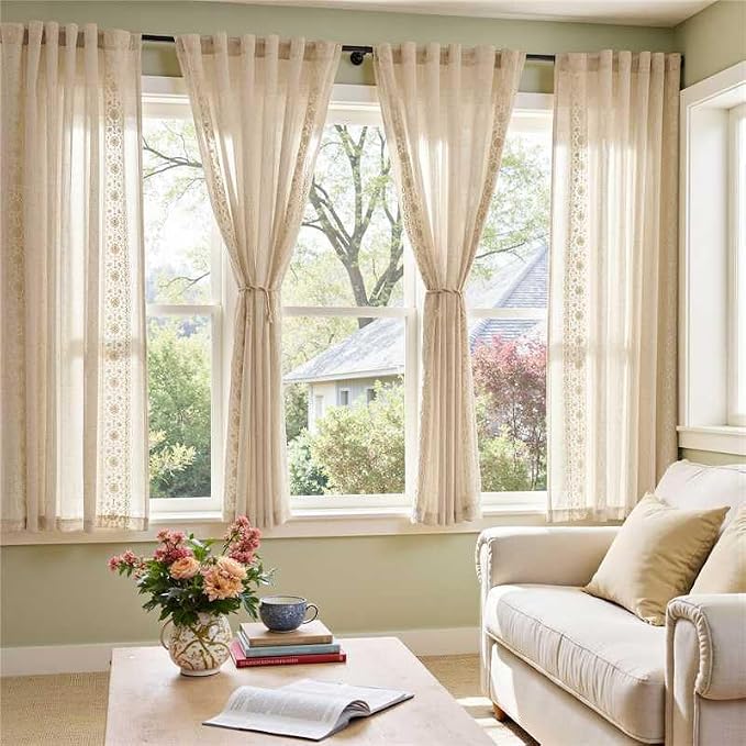 jinchan Floral Linen Curtains Embroidered Back Tab 50x72in 2 Panels Ivory | - Image 2
