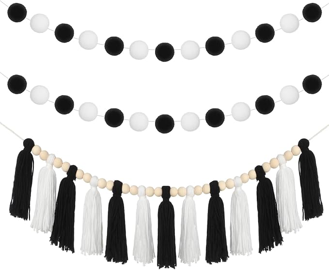 HunnmingRe 3 Pcs Black and White Tassel Garland Pom Pom Hanging Decor | Back to by HunnmingRe