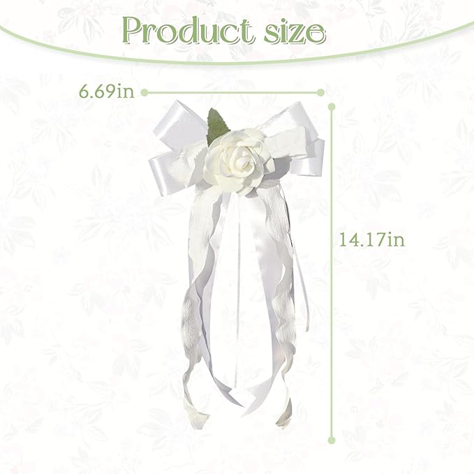 6PCS Wedding Car Door Handle Flowers, White Artificial Cars Rearview Mirror Bouquet Flower Bowknot Ribbon Decors, Just Married Automotive Decoration Accessories for Door Handles and Rearview Mirrors