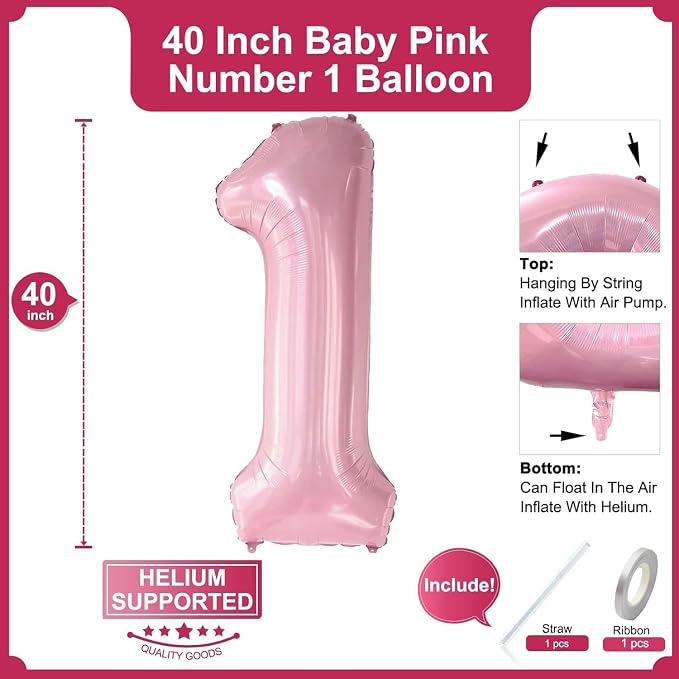 2Pcs Pearl Pink Foil 40" Number 1 and 26" Script Letter One Balloon Set | Large - Image 2