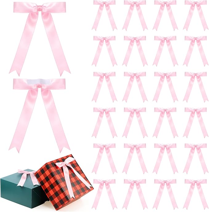 Riceshoot Pink 24 Pcs Satin Ribbon Bows 5x7'' Self Adhesive Stick on Premade by Zuqqaaoor