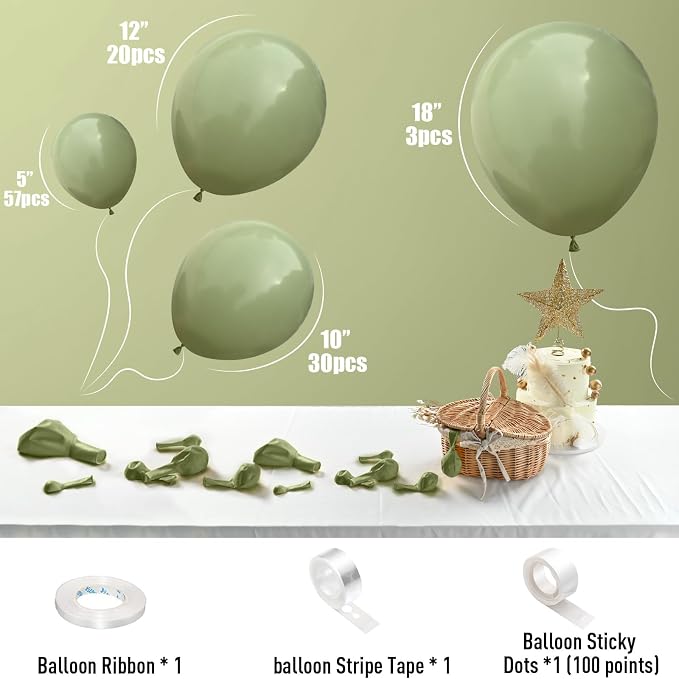 Sage Green Balloons, Different Sizes Eucalyptus Avocado Green Latex Helium - Image 2
