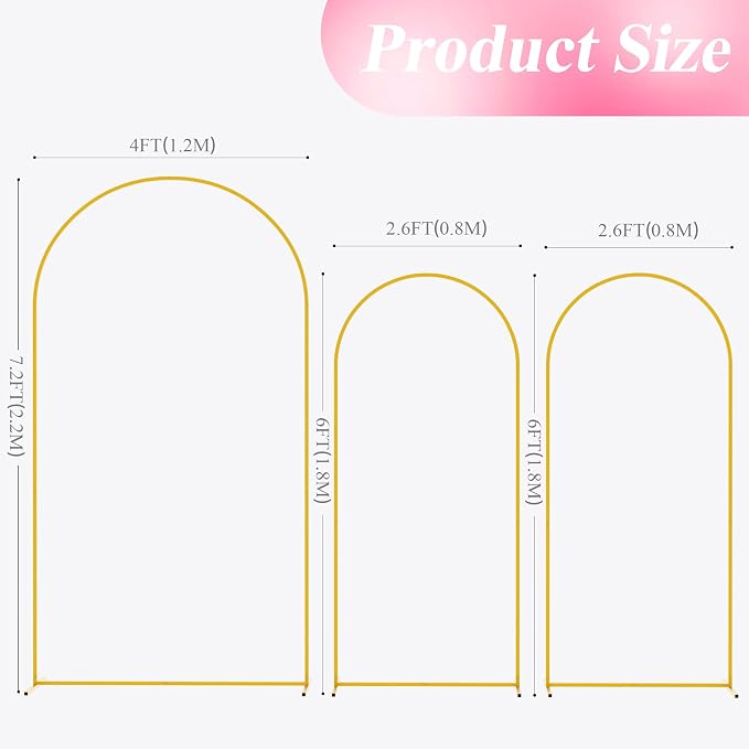 Wedding Arch Backdrop Stand 7.2FT, 6FT Gold Metal Arch Stand Set | Metal Arch - Image 2