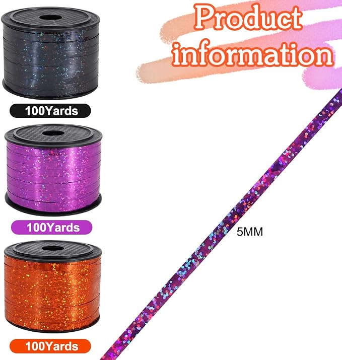 BEISHIDA 3 Pack 100 Yards Black Purlple Orange Curling Ribbon Balloon String - Image 2