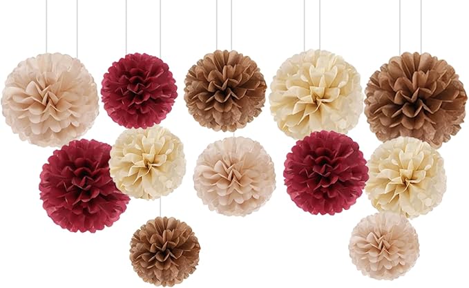 Capesaro Burgundy Beige 12PCS Paper Pom Poms Party Decorations by Capesaro