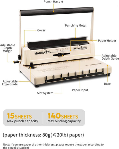 MAKEASY Binding Machine - Wire Binding Machine, 34 Hole, 15 Sheets Punch Capacity, Metal Book Maker Machine with 1 Box Wire Spines & Ring Opener