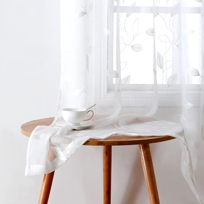 HOMEIDEAS White Sheer Curtains 52 X 63 Inches Length 2 Panels Embroidered Leaf by HOMEIDEAS