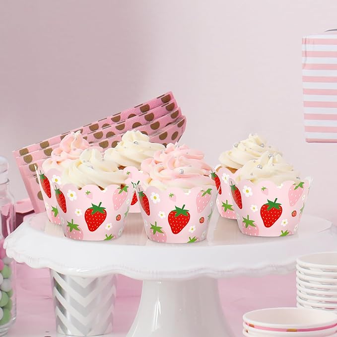 Whaline 36Pcs Strawberry Cupcake Wrappers Red Pink Strawberry Flower Cupcake Liners Decorative Cupcake Holders for Birthday Baby Shower Party Cake Decoration