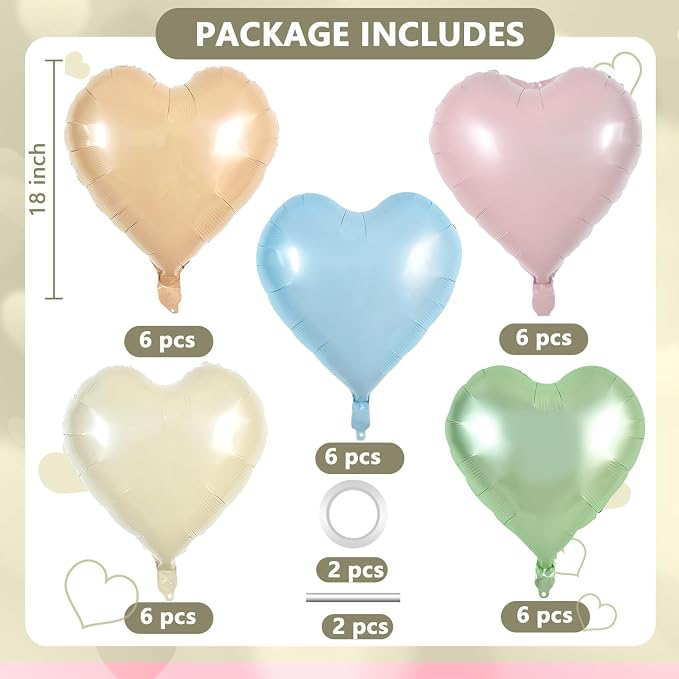 TONIFUL 30 Pcs 18 Inch Pastel Neutral Heart Shape Foil Mylar Balloons | Soft - Image 2