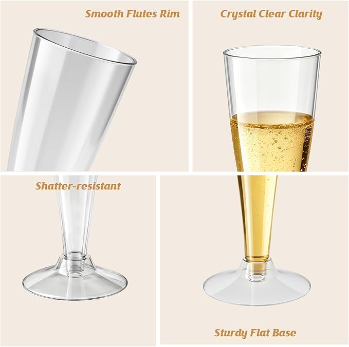 100 Pack Clear Champagne Flutes Plastic Wine Glasses Disposable, 4.5 Oz Transparent Mimosa Glasses for 2025 Wedding Birthday Party Supplies, Bulk Toasting Cocktail Cups