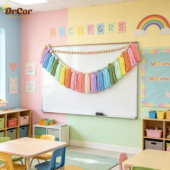 DrCor Pastel Rainbow Tassel Garland – Boho Classroom Decor | Boho wall hanging - Image 2