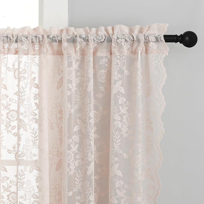 FINECITY Blush Pink Lace Curtains Rustic Leaf Floral W52xL45 Inch 2 Panels | - Image 3