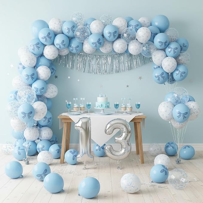 Blue and White Balloons Set, 12 Inch Light Baby Blue White Clear Bow Latex - Image 6