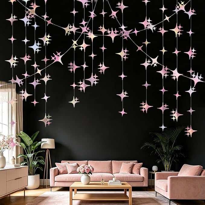 Glitter Iridescent Pink Four-Angle Star Paper Garland Banner 40 Feet Iridescent - Image 4