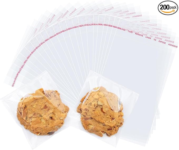 200 Pcs Clear Cellophane Bags 4 x 6 inches Cookie Bags, Self Sealing Cellophane Bags Resealable Cookie & Candy Bags for Party, Christmas, Family Baking Supplies