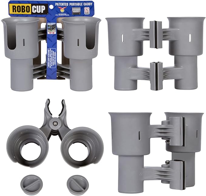 Patented Clamp On Boat Cup Holder |Multifunction Dual Drink Caddy by RoboCup