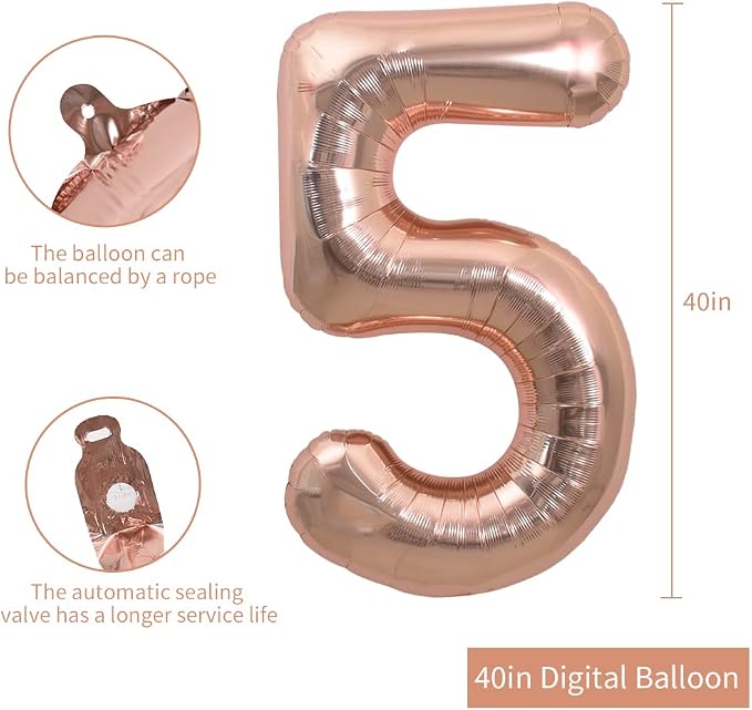 TONIFUL 40 Inch Rose Gold Large Numbers Balloons 0-9, Number 5 Digital 5 Helium - Image 2