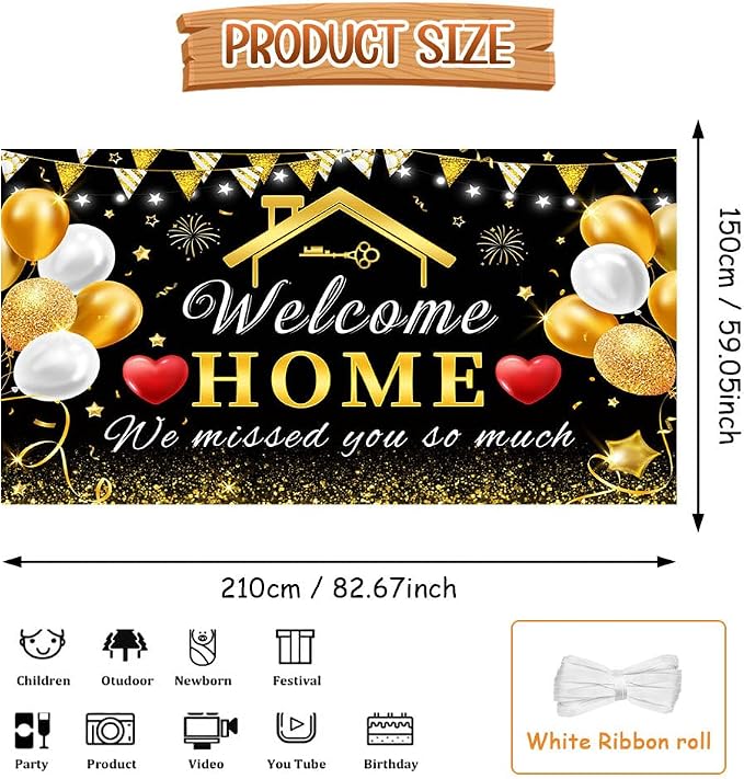 AIBIIN 7x5ft Welcome Home Banner Decorations Black Gold Welcome Home Backdrop - Image 2