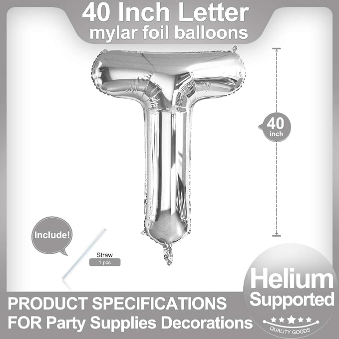 40 Inch Silver Letter T Balloons, DIY Phrase Foil Alphabet Letter T Balloons - Image 2