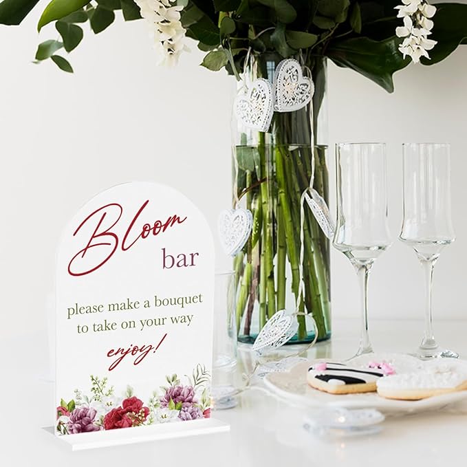 Bloom Flower Bar Sign for Wedding Bridal Shower Bouquet Bar Decor Sign Stuff Acrylic Arch Wedding Bridal Shower Baby Shower Welcome Table Signs for Ceremony and Reception 7 x 5 Inches