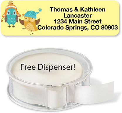 Owls Seasonal Rolled Personalized Return Address Mailing Labels with Dispenser, Set of 250, 5 Designs, Small ¾ x 2½ Inch Size, Custom Self-Adhesive Sticker Roll, by Colorful Images