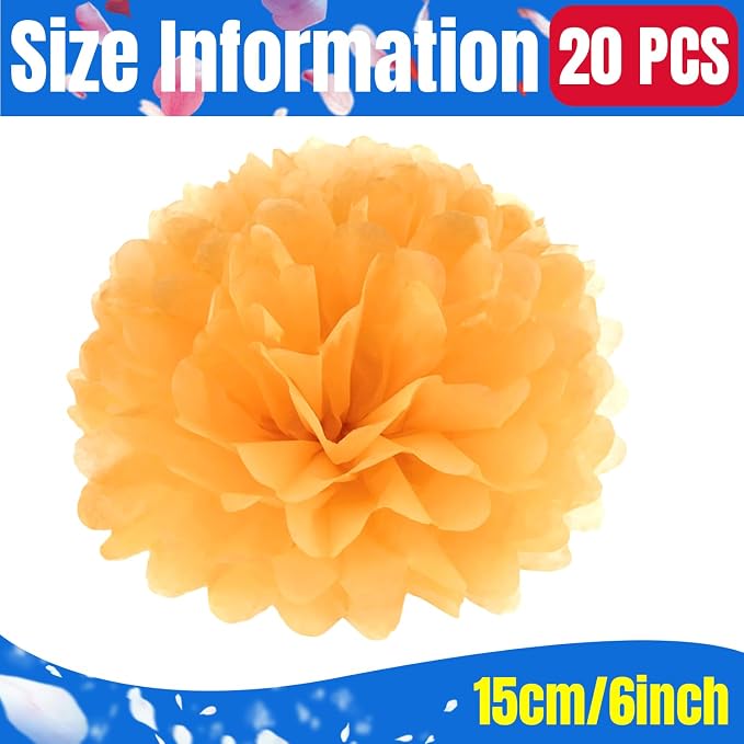 Qimoo 20pcs Orange Tissue Paper Pom Poms Flowers Balls - Image 2