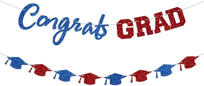 Prestrung Congrats Grad Banner Red and Blue Graduation Banner by Blopee